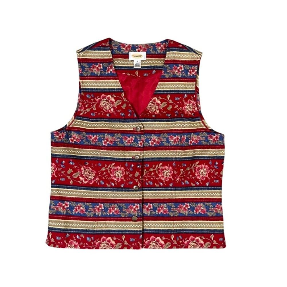 Talbots Red Floral Striped Tapestry Vest Vintage Cotton Button Front Medium